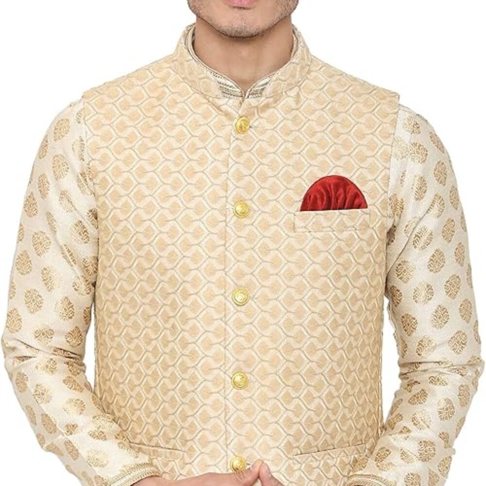 WINTAGE Men's Banarsi Rayon Cotton Bandhgala Nehru Modi Jacket Waistcoat Beige